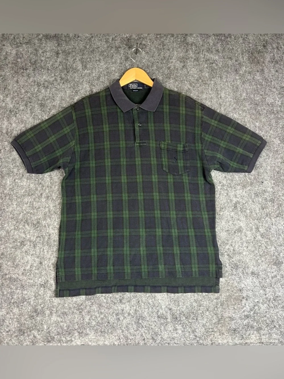 Vintage Ralph Lauren Men's Dark Blue And Green  Plaid Polo Shirt Size L Golfwear